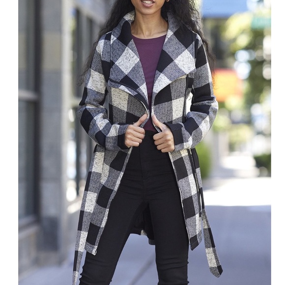 NEW Steve Madden Black & White Plaid Buffalo Check Wrap Coat Belted Plus Size 1X - Picture 2 of 5